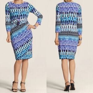NWT Chico's Sheath Dress Geometric Wave Raine Blue Ruched Size 2 L Office Party